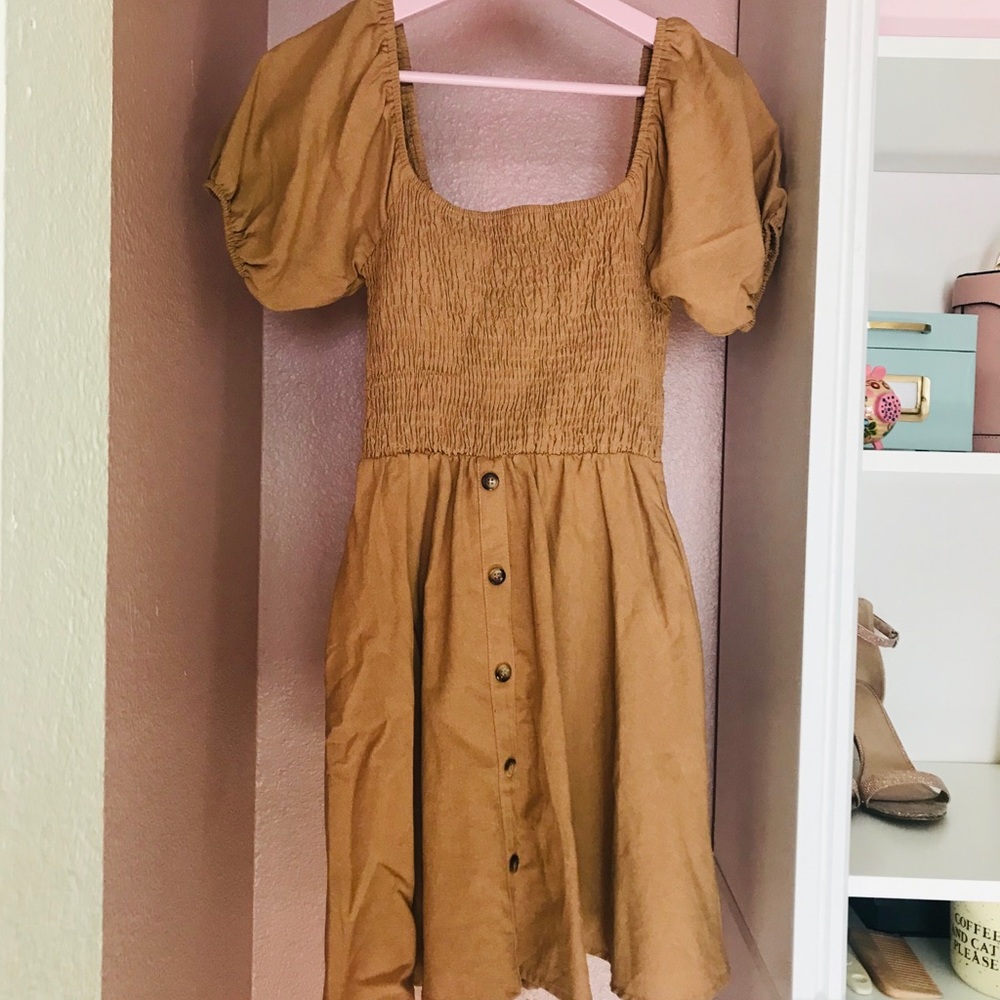 Brown Shoulder Puff Dress